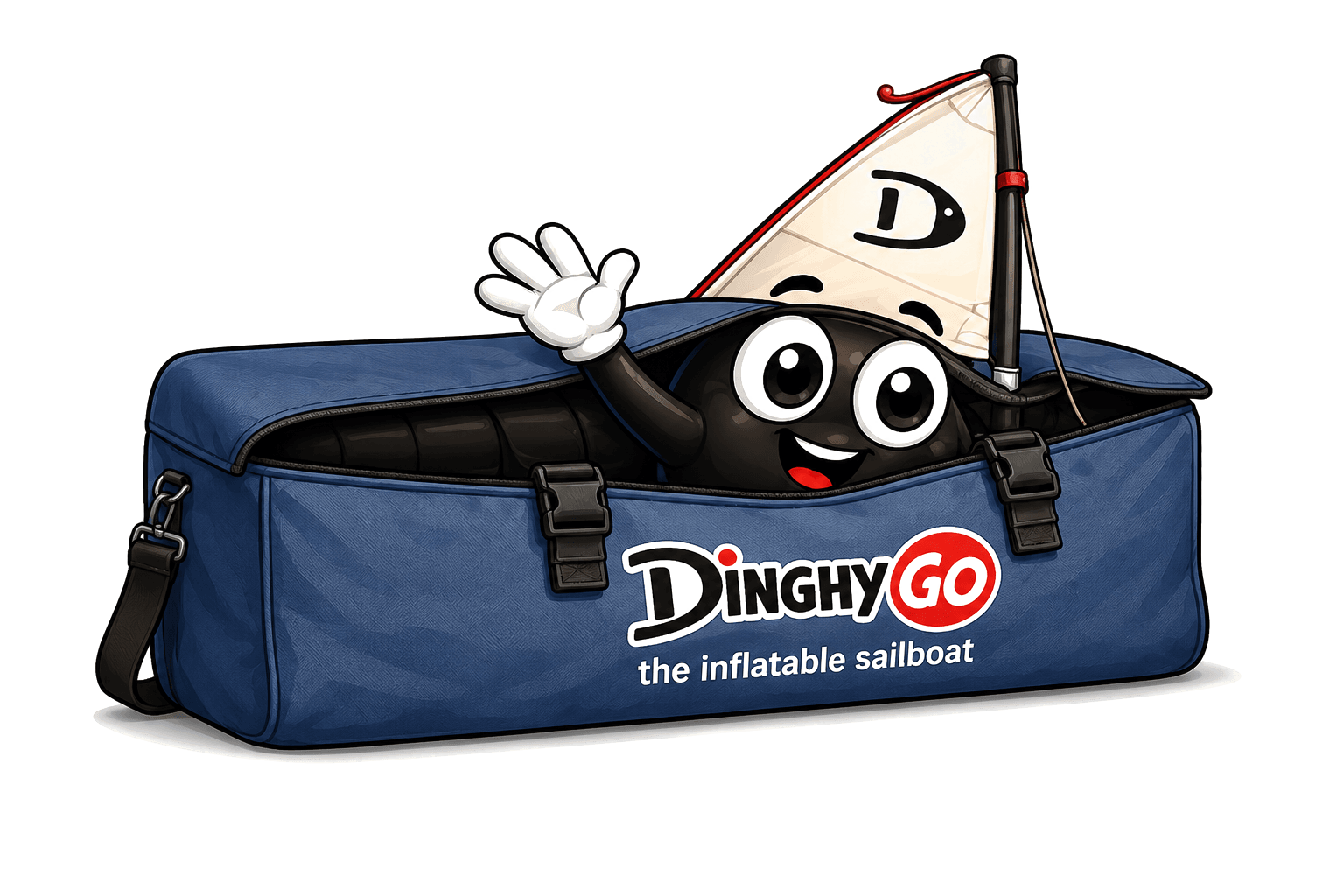 DinghyGo mascot waving from a packed travel bag — ready to head to the next event