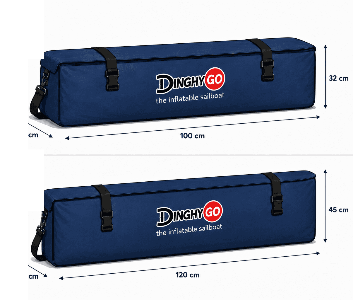 Orca 280 packed bag sizes — boat bag and sail-kit bag with length and dimensions labels