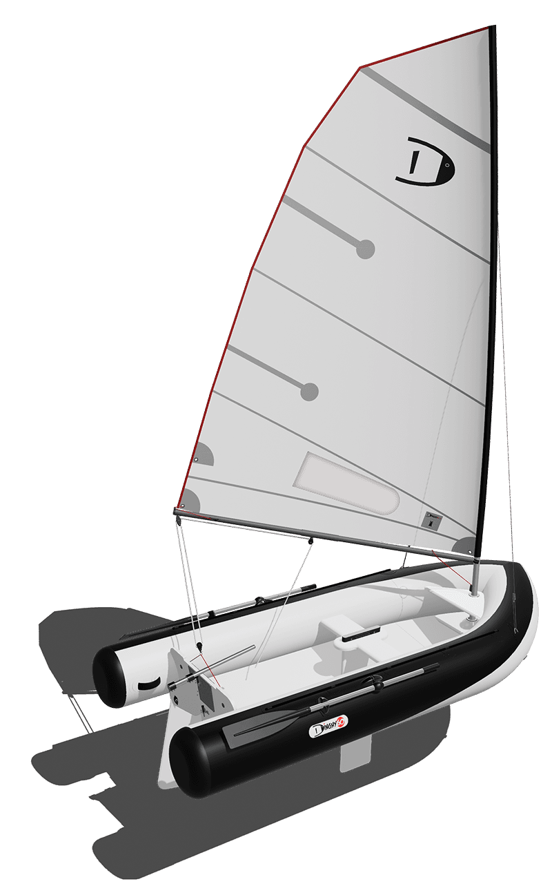 DinghyGo Orca 325 — 3D CAD render with mainsail rigged